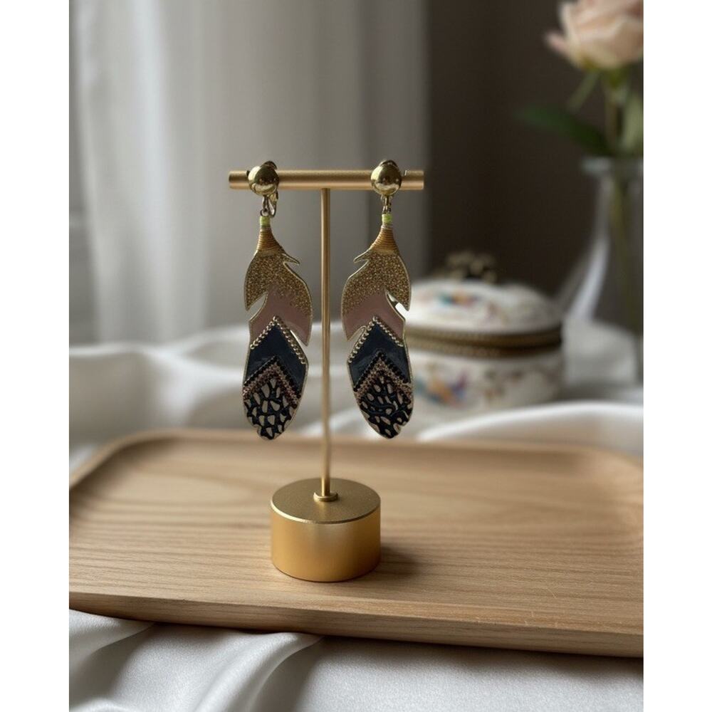 Gas Bijoux Feather Clip-On Earrings‎ Gold Enamel Boho Statement Dangle Vintage